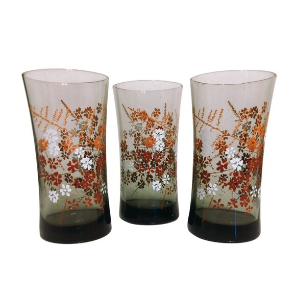 Libbey Glass Co Other - Vintage Libbey 70s Glass Tumblers Set Floral Tawny Orange Smoke 14oz Fall Vibes